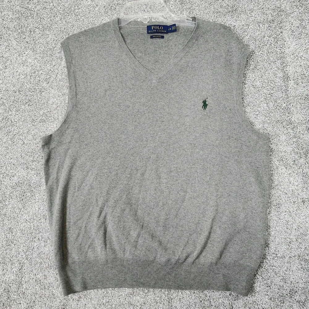 Polo Ralph Lauren Men's Large Gray Pima Cotton Sweater Vest Green Pony Logo
